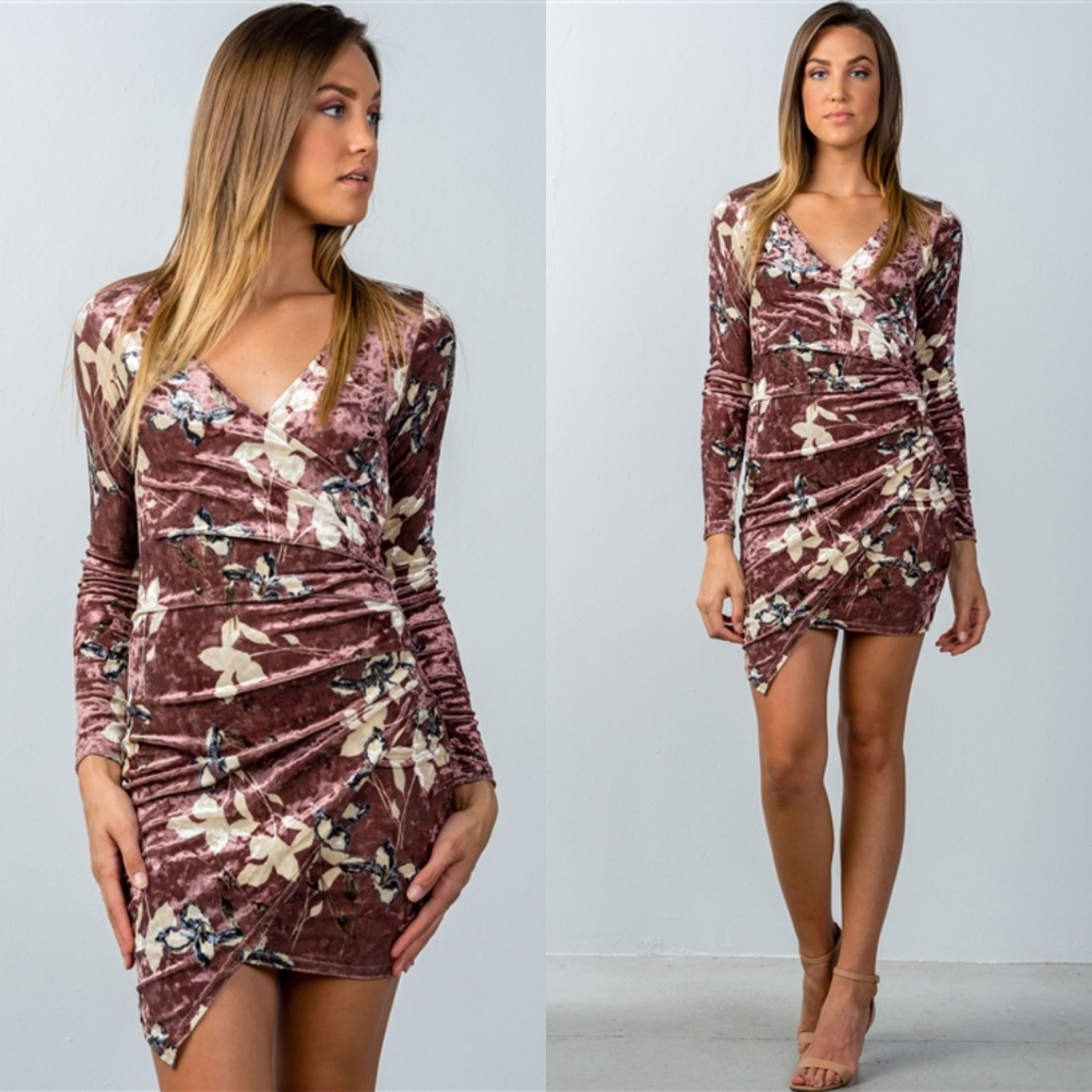 Floral Crushed Velvet Asymmetric Mini Dress Mauve